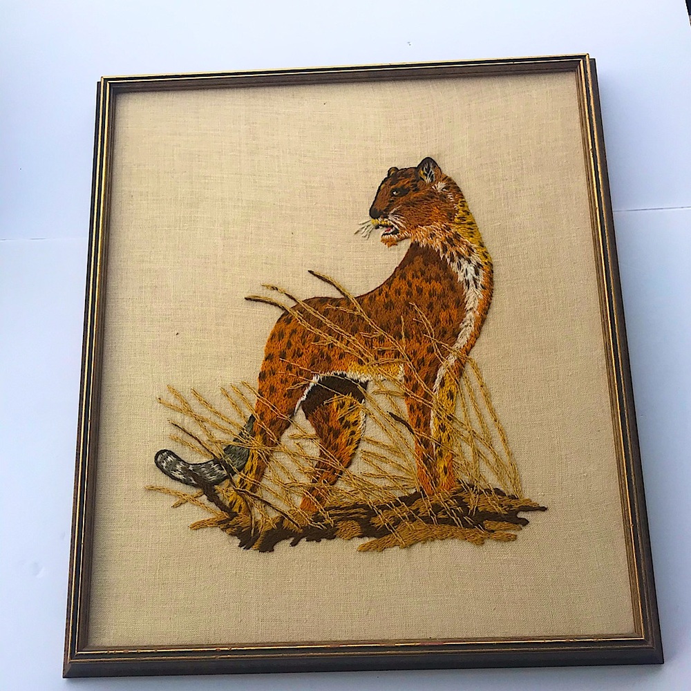 Vintage Crewel Cross Stitch Wall Art Cheetah
